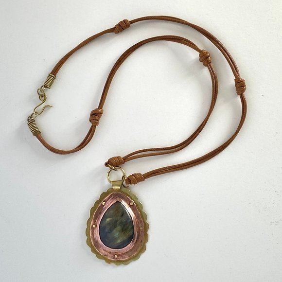 Labradorite Brutalist Handmade Cold Connections Copper and Brass Pendant Necklac - Picture 4 of 9
